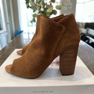 Peep toe suede booties